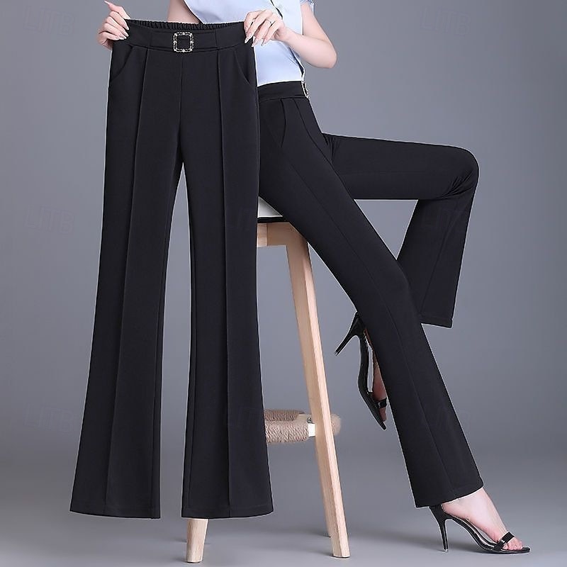 Women's Dress Pants Wide Leg Pants Trousers Fashion Streetwear Full Length High Waist Plain Elastic Waist Breathability Comfortable Micro-elastic Business Daily Wear Black White Khaki Apricot Spring 2025 - $16.99 –P4