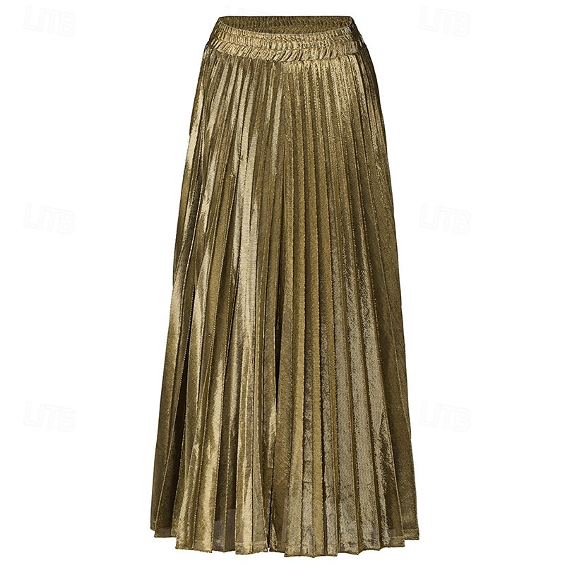 Femmes Jupe Mode Occasionnel Maxi Taille haute Jupes Uni Plissé Micro-Élastique Décontracté Quotidien Week-end Argent Noir Dorée Rouge Été Polyester de 2025 ? $19.99 –P16