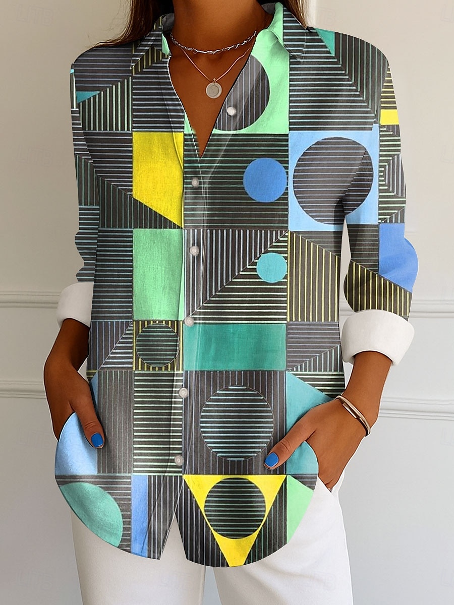 Camicia da donna manica lunga blusa abbottonata grafico geometrico a righe vintage tropicale camicia regolare top lavoro quotidiano stampa blu viola arancione marrone estate primavera del 2025 a $32.99 –P2