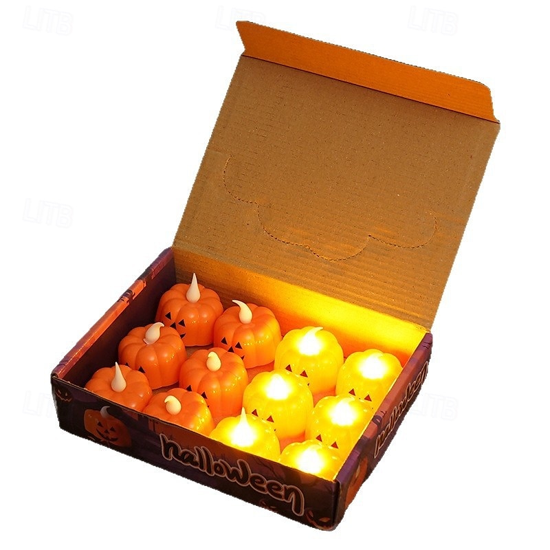 12 candele elettroniche a forma di zucca di Halloween con faccia di ragno, per interni ed esterni, per decorazioni di feste, atmosfere luminose del 2025 a $15.99 –P2