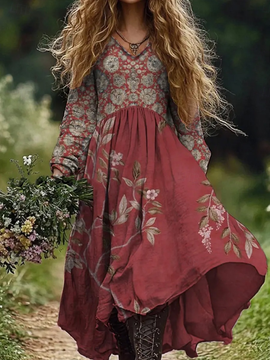 Per donna Abito maxi Abito a trapezio Vacanza Casual Boho Uscire Spiaggia Vestibilità comoda Floreale Grafico Paisley Manica Lunga Scollo a V Verde scuro Nero Vino Rosso Estate Primavera Autunno del 2025 a $35.99 –P7