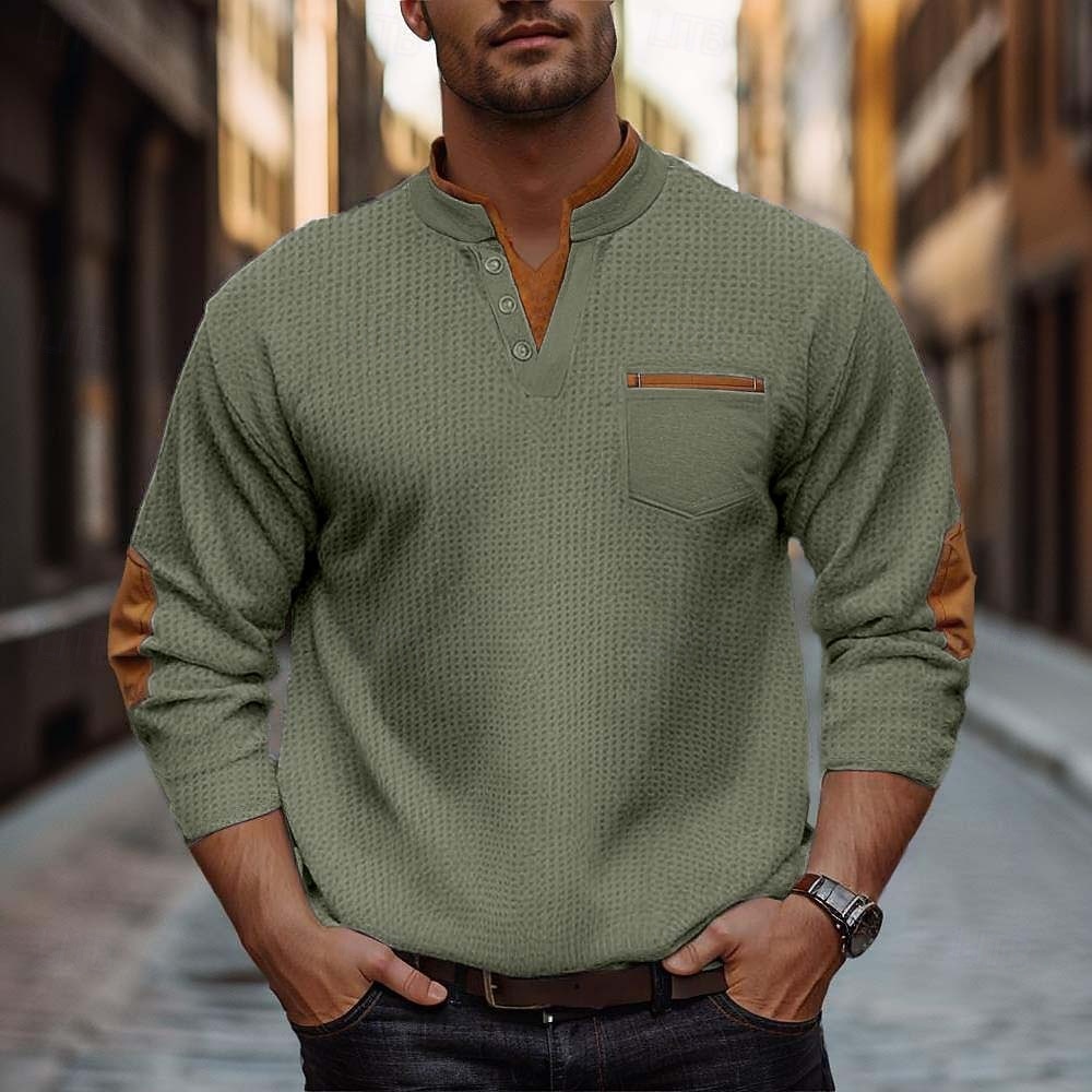 Herre Vaffel T-skjorte Vaffel Henley-skjorte Herreskjorter med albuelapper Langermet V-hals Henley Vinter Vår & Vinter Helfarge Mote Grunnleggende Moderne falske to stykker Avslappet Gate Sport Svart 2026 - $26.99 –P2