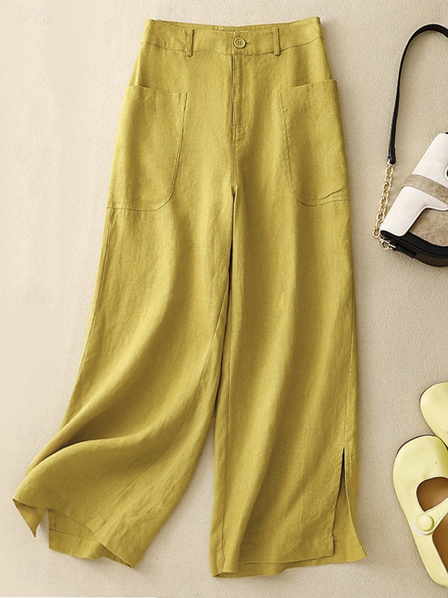 Per donna Pantaloni in cotone e lino Gamba larga Chinos Vacanza Vintage Moda Lunghezza intera Vita Alta Semplice Tasca Comodità All'aperto Inelastico Vacanza Streetwear Quotidiano Giallo Arancione del 2025 a $25.99 –P8