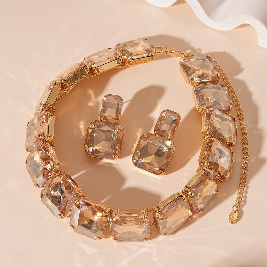 Women's Gold Crystal Jewelry Set - Chunky Rhinestone Choker Necklace and Drop Earrings for Glamorous Party and Evening Wear 2025 - $14.99 –P4