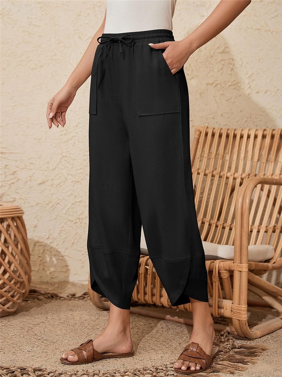 Mulheres Calças de linho de algodão chinês Moda Básico Comprimento total Cintura Alta Tecido Bolsos Com Cordão Conforto Exterior Micro-Elástica Férias Rua Diário Verde Militar Preto Azul cáqui Verão de 2025 por $23.99 –P14