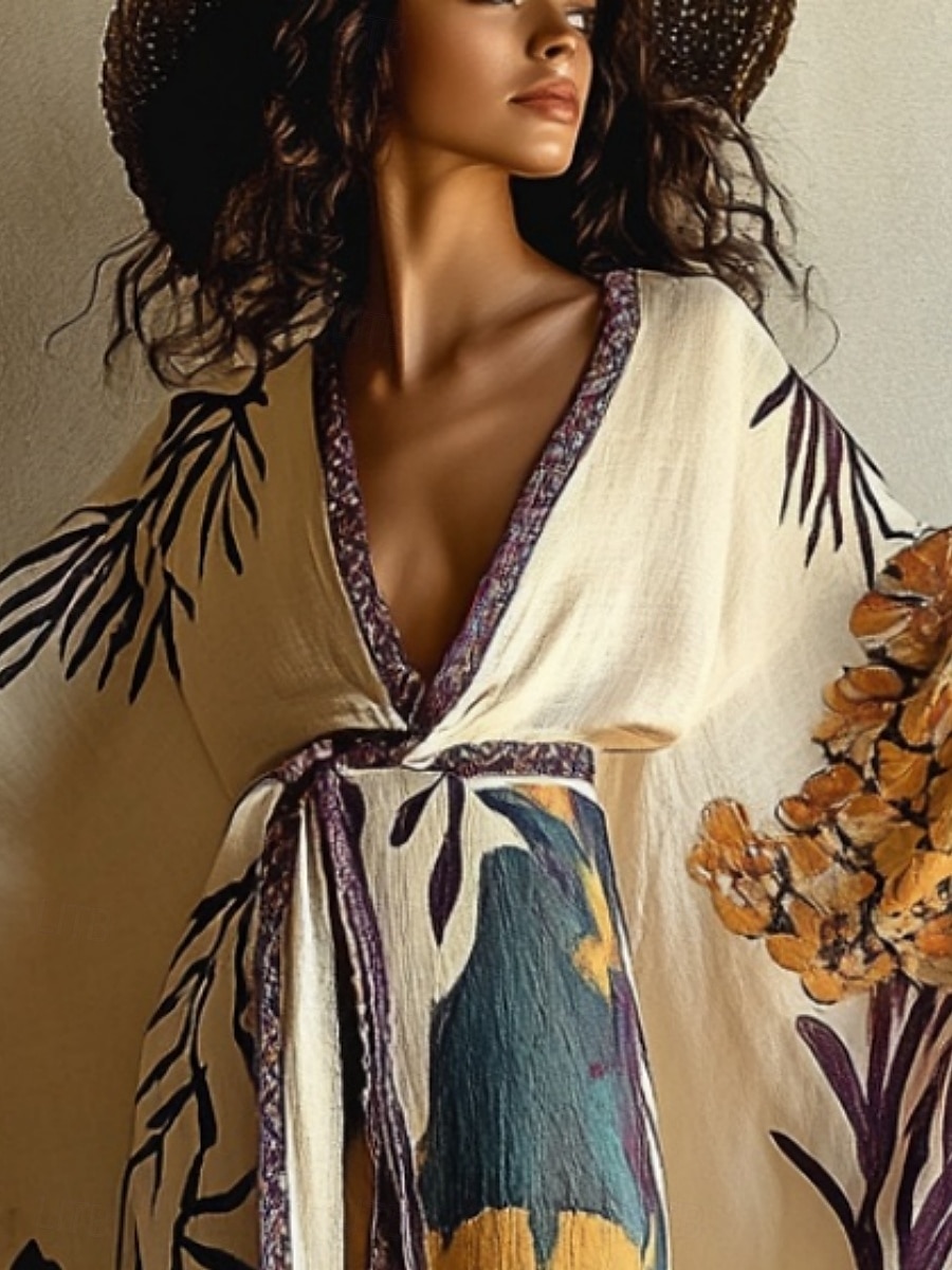 Robe longue femme Robe maxi Robe bohème Robe décontractée Robe trapèze Robe d'été Vintage Vacances Quotidien Plage Coupe classique Floral Manches longues Col V Beige Été Printemps Automne de 2025 ? $25.99 –P1