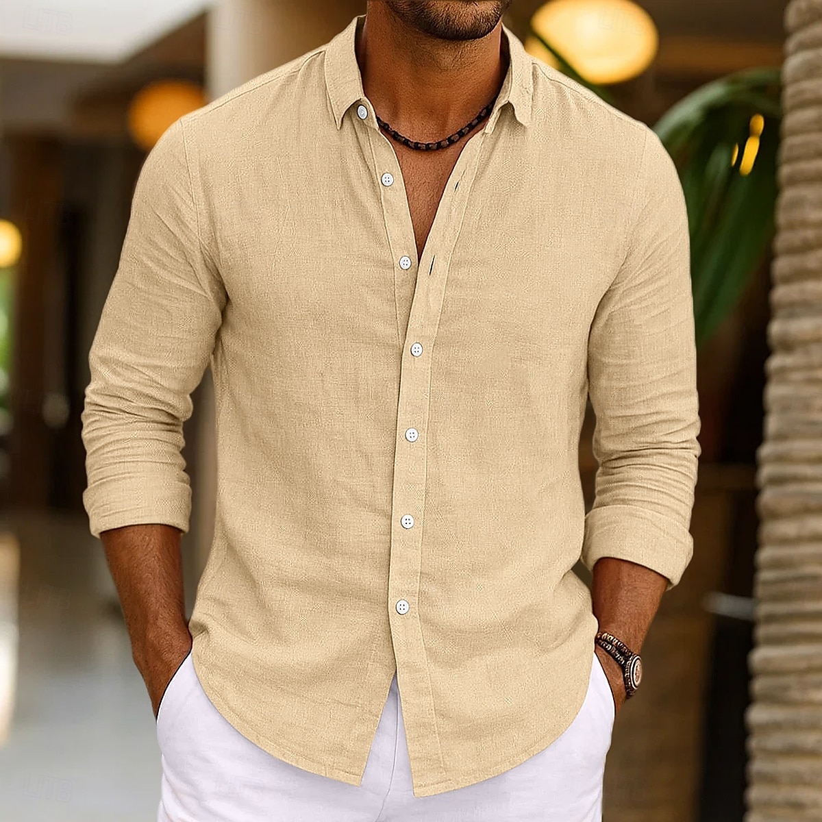 Per uomo Camicia Camicia di lino Camicia Estiva Abbigliamento da spiaggia Camicia con Bottoni Semplice Vacanza Casuale Nero Rosa Blu marino Verde Manica Lunga Collo ripiegato Primavera & Estate del 2025 a $23.99 –P6