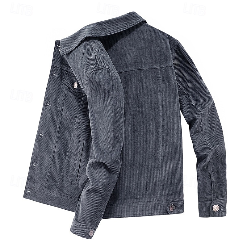 Men's Corduroy Jacket Cargo Jacket Casual Jacket Vacation Daily Pocket Fall Winter Plain Fashion Classic Lapel Regular Black Khaki Coffee Gray Jacket 2025 - $68.99 –P5