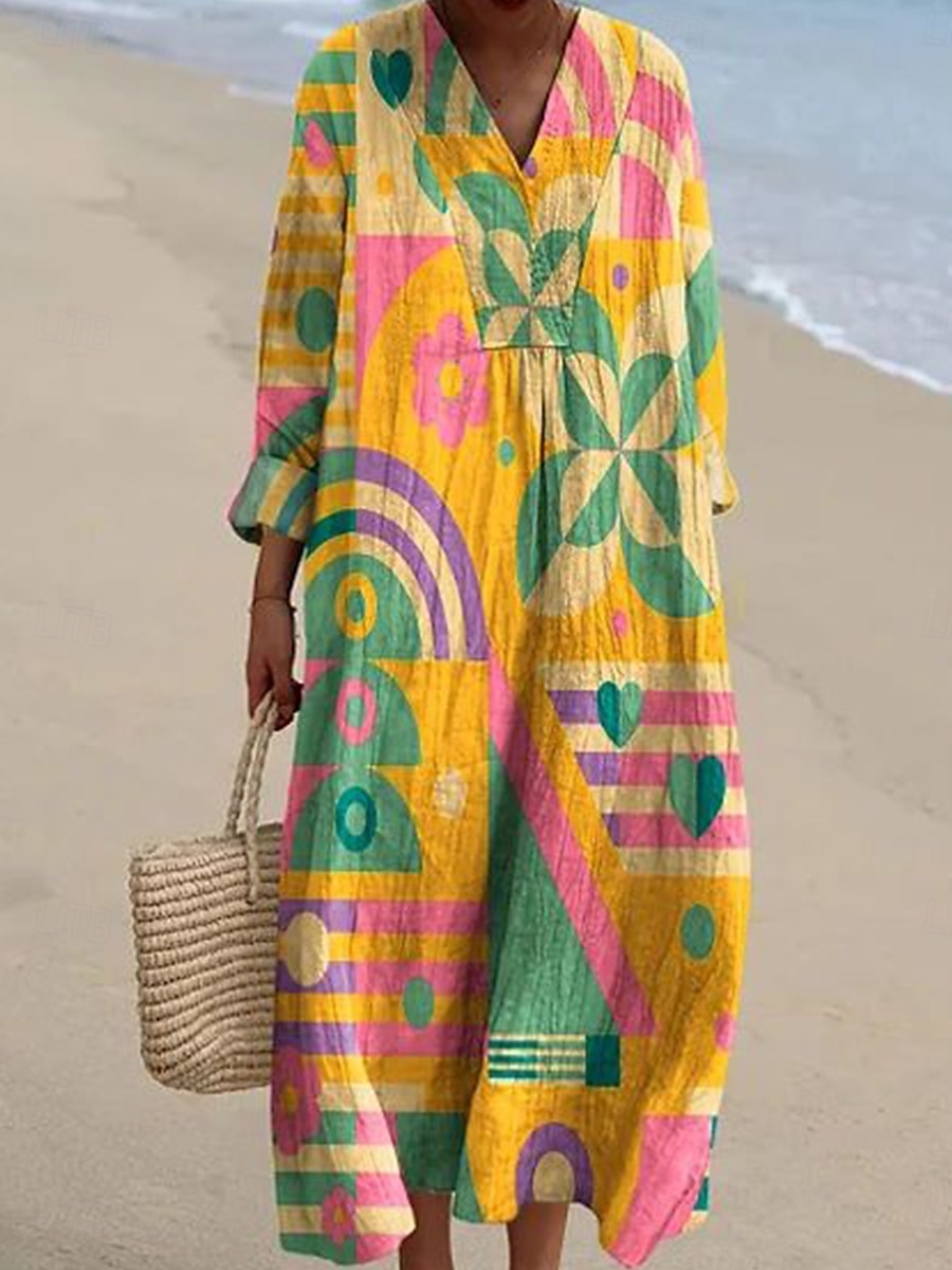 Per donna Abito Midi Vestito Estivo Abito a Tubino Vacanza Casual Spiaggia Uscire Spiaggia Vestibilità comoda Grafico Geometrico Manica Lunga Scollo a V Giallo scuro Giallo Rosa Blu Estate Primavera del 2025 a $35.99 –P5