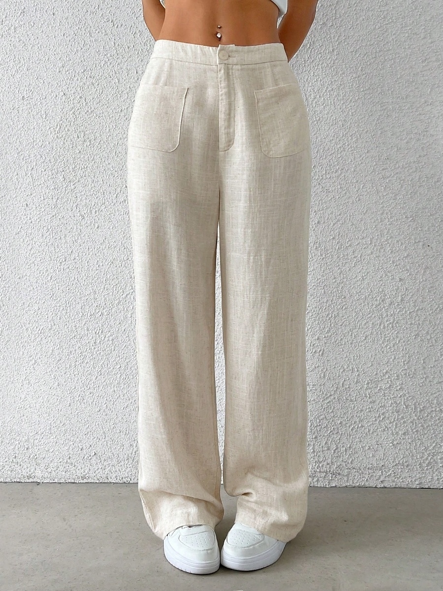 Damen Weites Bein Chinos Mode Basic Lässig Volle Länge Mittlere Taillenlinie Einfarbig Tasche Komfort Außenbereich Unelastisch Urlaub Straße Täglich Schwarz Weiß Blau Aprikose Sommer Frühling Herbst 2025 - $37.99 –P3