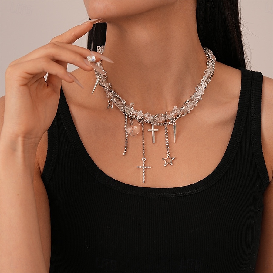 Collana girocollo in pietra nera punk gotica da donna con ciondoli a forma di croce, cuore e stella - gioiello importante per feste, discoteche e serate fuori del 2025 a $14.99 –P2