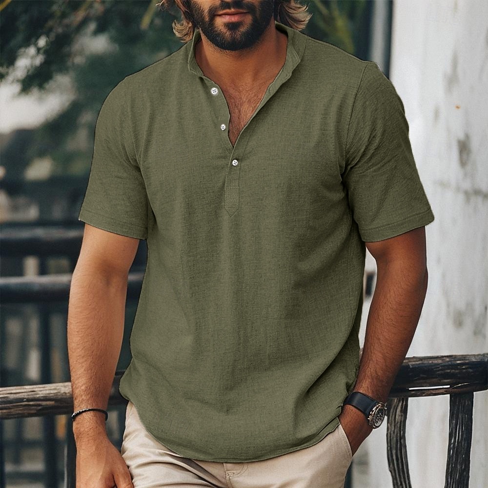 Homme Chemise Chemise en lin Chemise popover Chemise d'été Chemise de Plage Chemise hawaïenne Couleur Unie Occasionnel Quotidien Rose Claire bleu marine Vert Kaki Manche Courte Band Collar Printemps de 2026 ? $22.99 –P15