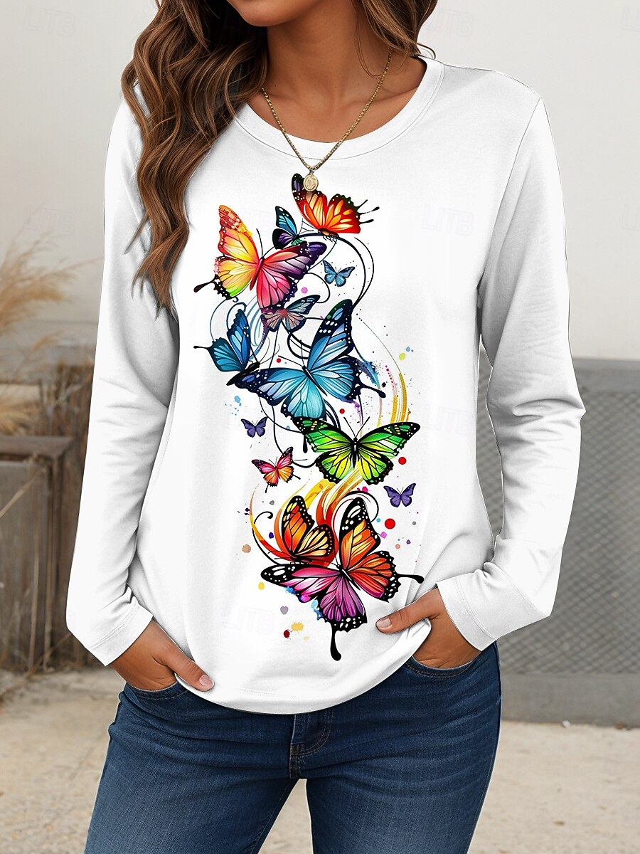 Женская футболка с круглым вырезом длинным рукавом туника графическая бабочка винтажная повседневная обычные топы ежедневный принт красный синий радужный весна осень 2025 - $22.99 –P6