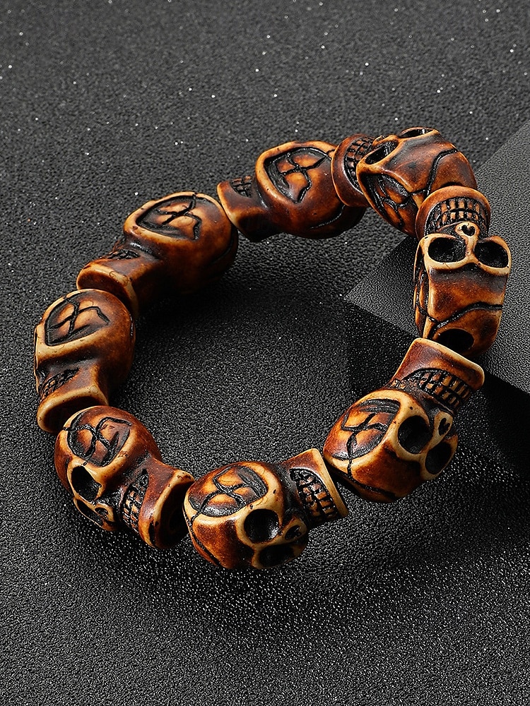 Pulseira masculina de contas de caveira de Halloween – pulseira punk gótica de resina elástica para festas, cosplay e fantasias de 2025 por $7.99 –P8
