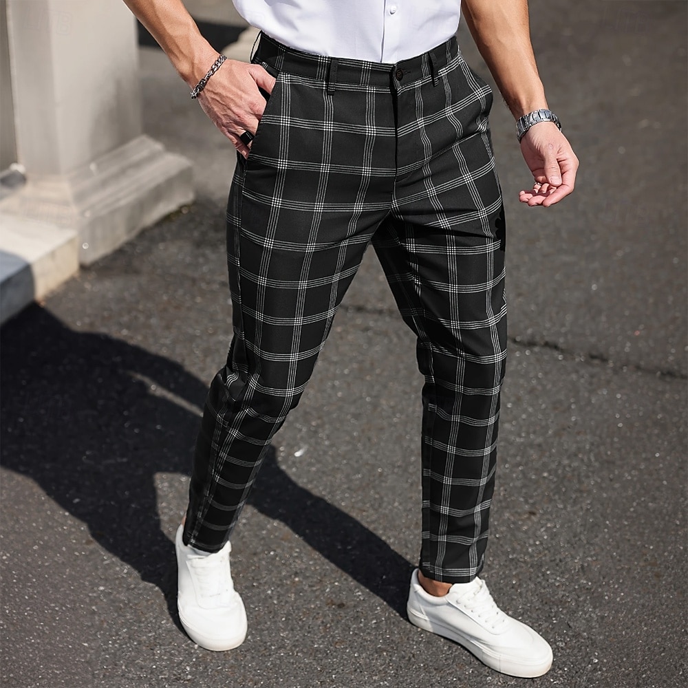 Herre Geometrisk Gitter / Teppe Dressbukser Bukser Medium Midje Business Casual Formell Hverdag Slim fit-bukser med lommer Vår Høst 3D-utskrift Svart Mørkeblå Mørkegrå 2025 - $29.99 –P1