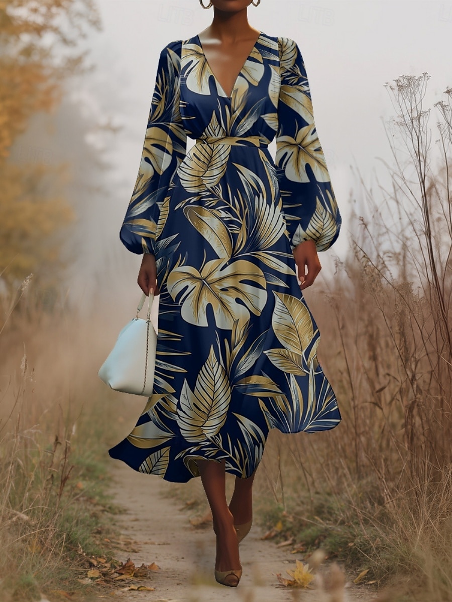 Damen Midikleid Freizeitkleid Chiffon Schwingkleid Modern Urlaub Täglich Wochenende Normale Passform Blatt Tropisch Langarm V Ausschnitt Marineblau Blau Dunkelblau Blau Schwarz Sommer Frühling Herbst 2025 - $31.99 –P9