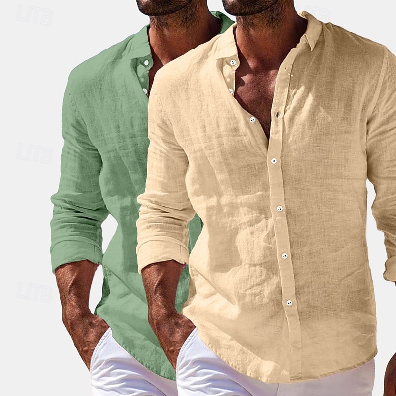 Herren Hemd Leinenhemd Sommerhemd Strandbekleidung Knopfhemd Einfach Urlaub Lässig Weiss + Rosa Marineblau + Grau Grün+Khaki Blau+Marineblau Langarm Umlegekragen Sommer Frühling Bekleidung Rein 2025 - $27.99 –P12