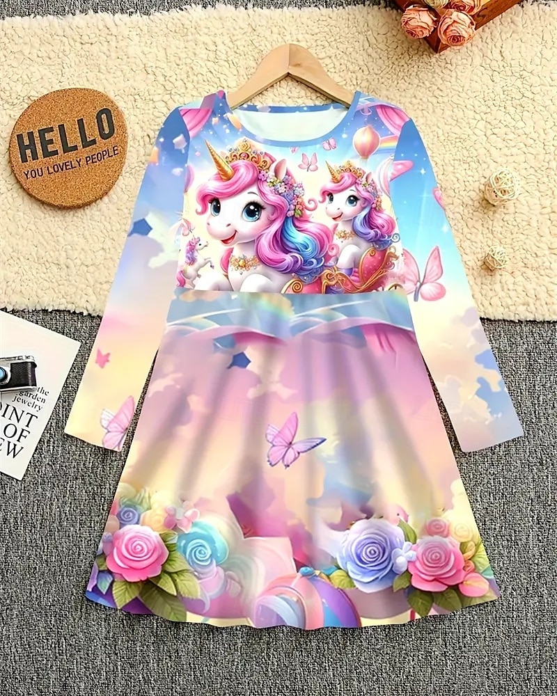 Mädchen' 3D Einhorn Kleid Langarm Sommer Frühling Urlaub Täglich Ferien Prinzessin Schön Süß Kinder 4-12 Jahre Freizeitkleid A Linie Kleid Knielang Normale Passform 2025 - $16.99 –P1
