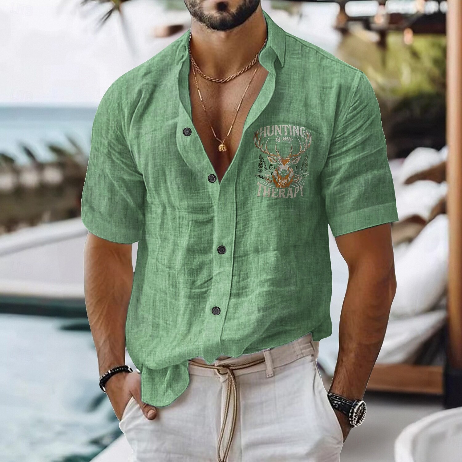 Pánské Lněná košile Košile pro volný čas Bavlněná lněná košile Košile na knoflíky Zvířecí vzor Dovolená Denní nošení Černá Bílá Světle zelená Růžová Krátký rukáv Klopa Celý rok Oblečení S přezkou 2025 - $26.99 –P6