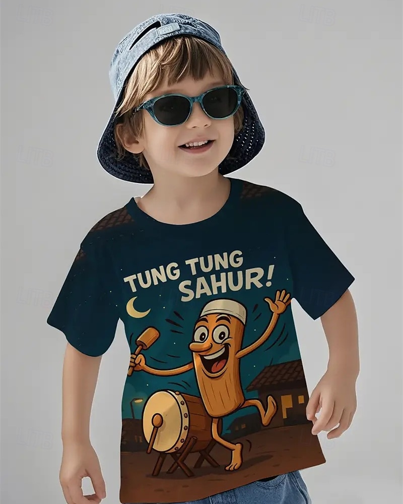 pojkars 3D-grafik lekfull trummande karaktär &Tung Tung Sahur t-shirt med tryck kortärmad sommar vår mode basic barn 4-12 år rund hals utomhus casual daglig normal passform 2025 - $11.99 –P4