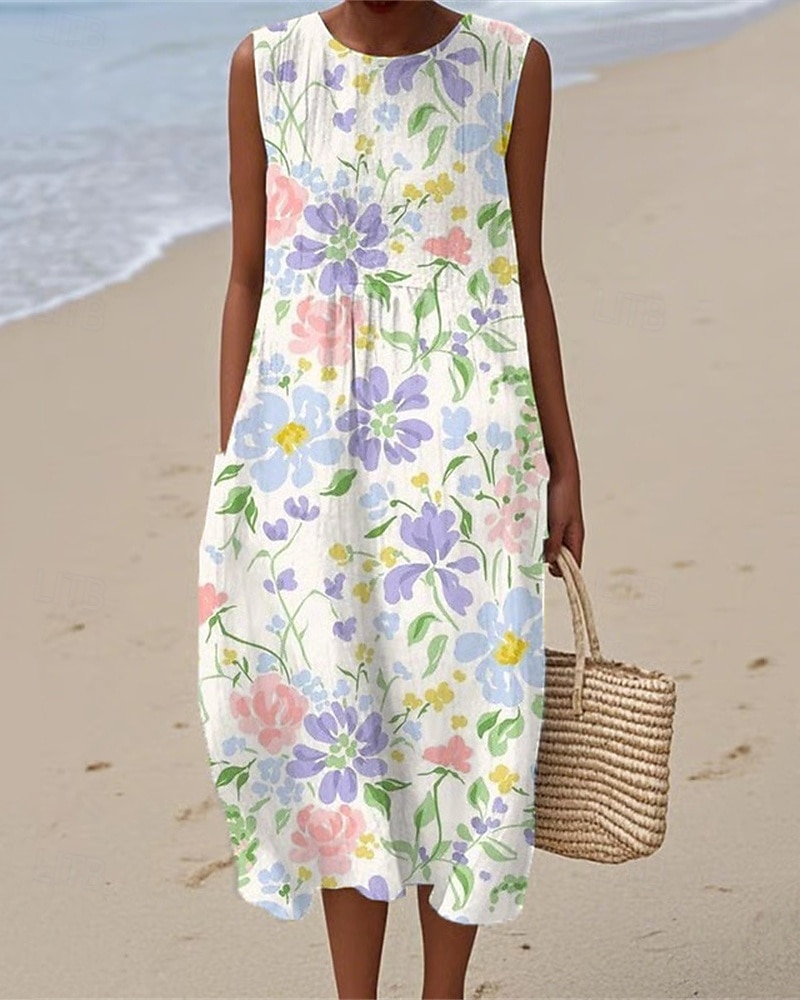 Damen Midikleid Freizeitkleid Sommerkleid Mode Modern Täglich Strand Wochenende Normale Passform Blume Ärmellos Rundhalsausschnitt Weiß Blau Sommer 2025 - $24.99 –P1