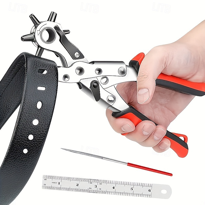 1pc Heavy-Duty Faux Leather Belt Hole Punch Pliers  Rotary Steel Hand Tool with Red Rubberized Grip for Belts Sewing Projects & Crafting  Perfect Gift for DIY Enthusiasts Faux Leather Hole Punch 2025 - $21.99 –P1