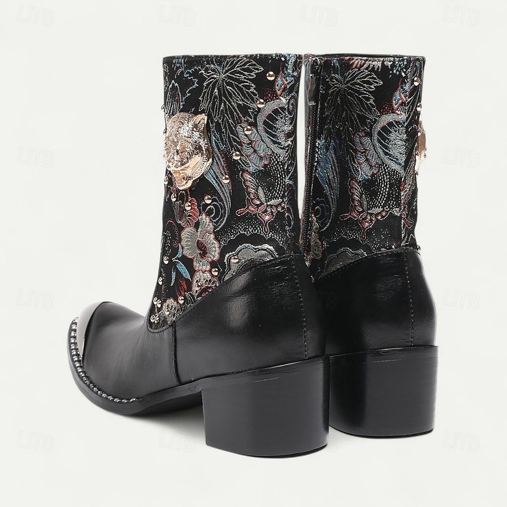 Bottes de motard western noires en cuir de vachette pour hommes avec broderie florale et bout en métal, style cowboy rétro pour la conduite à moto, les événements country et la mode festival de 2025 ? $139.99 –P6