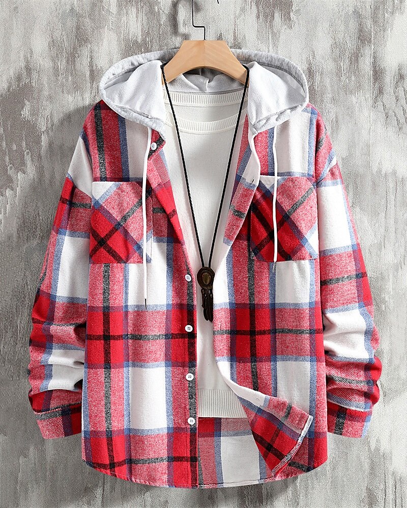 Voor heren Lichtgewicht jack Overhemdjack Vrijetijdsjas shacket Vakantie Dagelijks Ademend Zak Lente Herfst Ruitjes Modieus Klassiek Capuchon Normaal Wijn Rood blauw Groen Jacks 2025 - $27.99 –P10