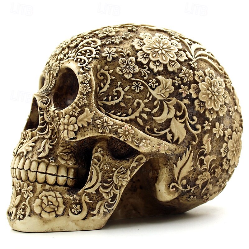 2025年 ハロウィン スカル オーナメント 花柄 スケルトン ヘッド フィギュア 樹脂製 ハロウィン パーティー バー デスクトップ 不気味なディスプレイ お化け屋敷 小道具 コレクター向け 装飾品  コレクション – $13.99 –P4