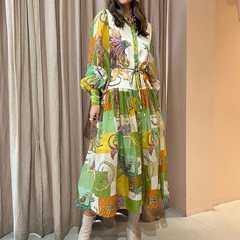 Per donna Abito Midi Abito Camicia Vestito a ruota Abito Stampato Moda Classico Moderno All'aperto Ferie Uscire Vestibilità regolare Fiore Manica Lunga Colletto a Camicia Verde Autunno del 2025 a $25.99 –P1