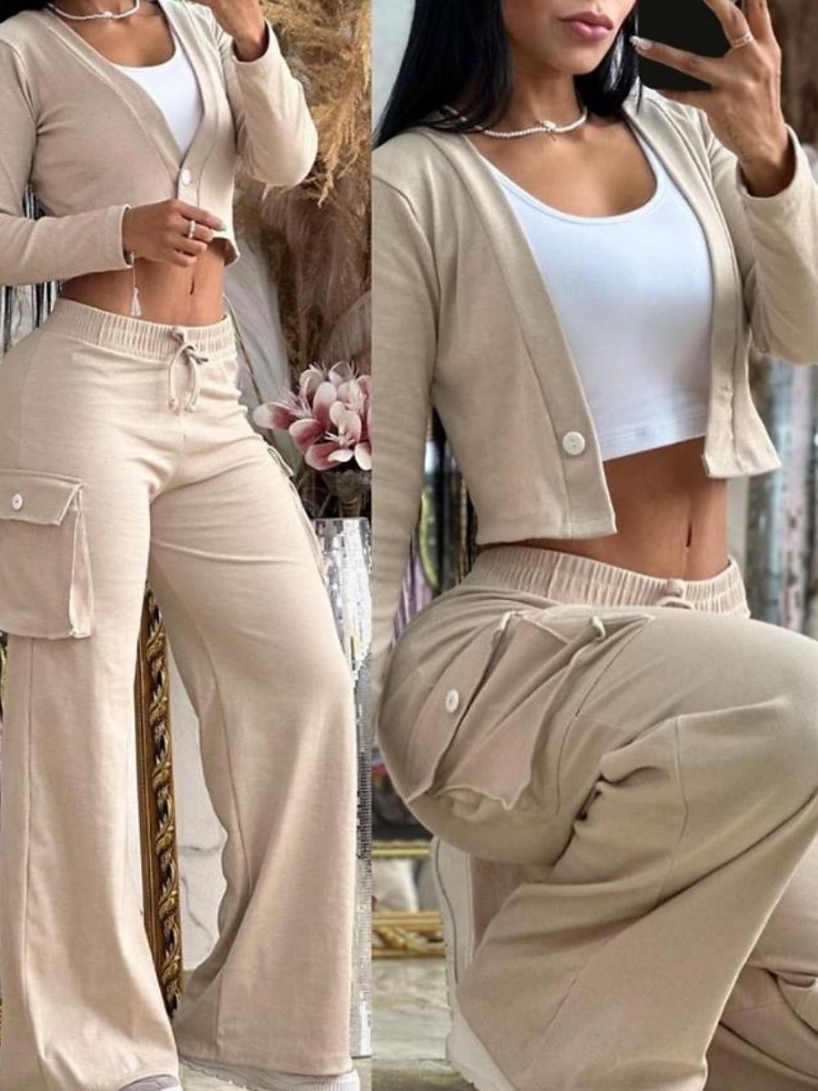 Dam Mode Streetwear Byxuppsättningar Långärmad V-hals Ensfärgat Snörning Semester Ledigt / vardag Gul Himmelsblå Kaki Sommar Normal 2025 - $26.99 –P1