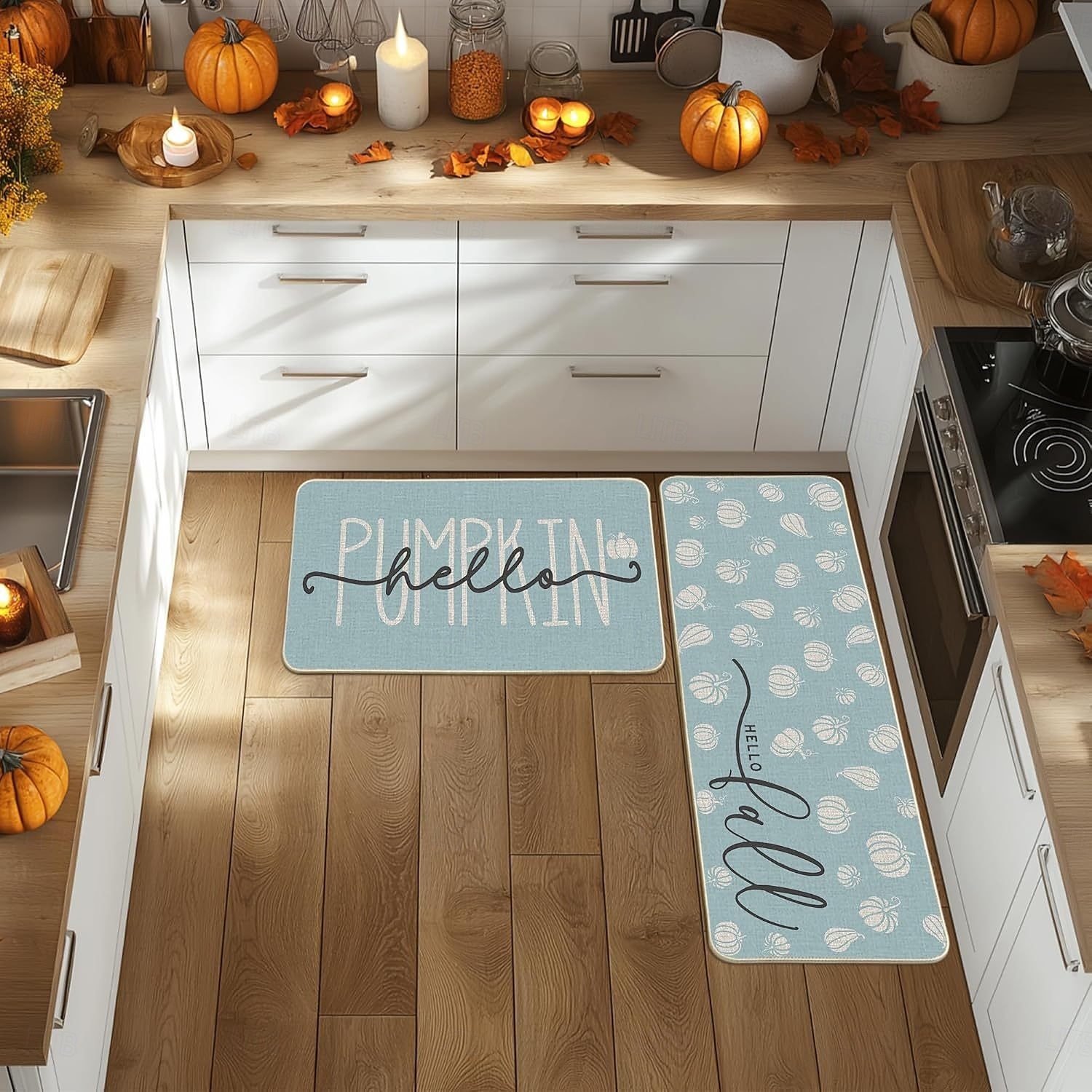 Höstens pumpa linnemattor set - absorberande, oljebeständigt kök &Dörrmattor för entrén, set med 2 delar 2025 - $45.99 –P16