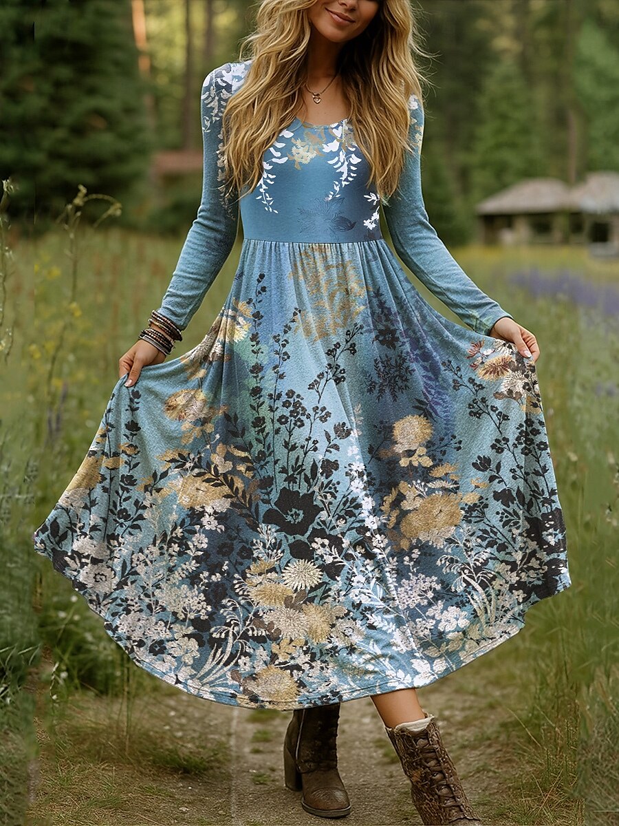 Női Maxiruha Fit and Flare ruha Szabadság Alkalmi Boho Parti Napi Alkalmi Normál Virágos Pöttyös Hosszú ujj Terített nyak Medence Égszínkék Bíbor Ősz Tél 2025 - $36.99 –P2