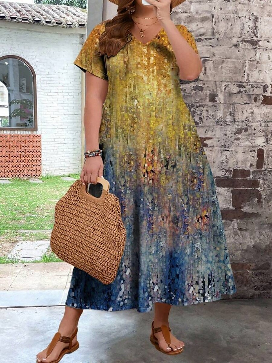 Damen Übergröße Freizeitkleid Ombre V Ausschnitt Kurzarm Sommer Frühling Mode Modern Lässig Maxikleid Ferien Wochenende Kleid 2025 - $28.99 –P11