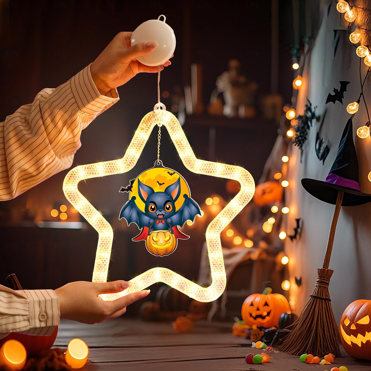 1 ks 27,6 cm halloween netopýr duch čaroděj klobouk dýně černá kočka netopýr přísavka led přísavka okenní světlo párty okno vnitřní atmosféra dekorativní světlo aaa baterie box teplé světlo běžící 2025 - $15.99 –P15