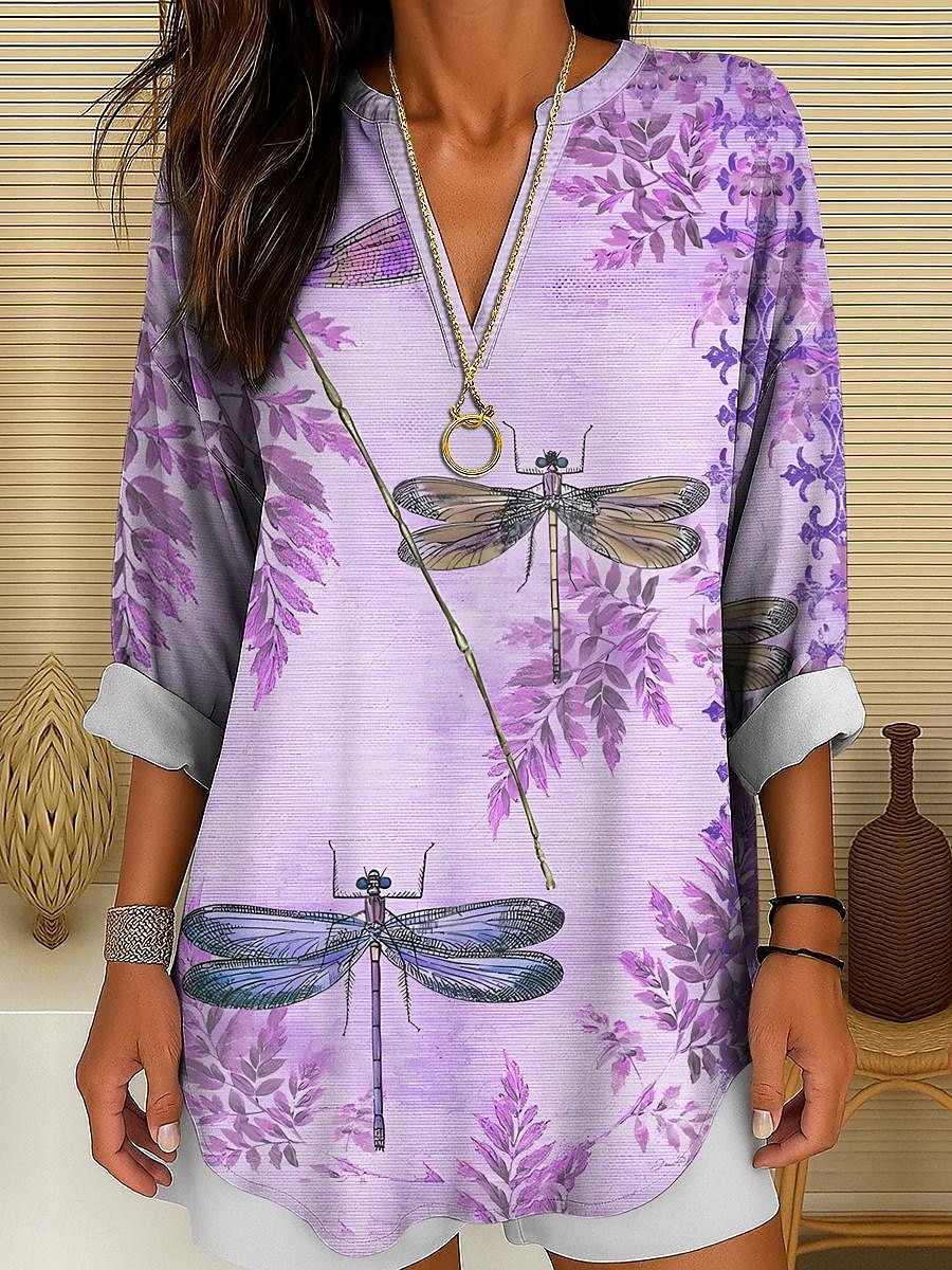 Femmes Chemisier Graphique Animal Libellule ancien Tropical Quotidien manche longue Col en V Hauts Longs Quotidien Fête Tenue de plage Imprimé Champagne Rose Claire Bleu Violet Vert Été Printemps de 2025 ? $24.99 –P6