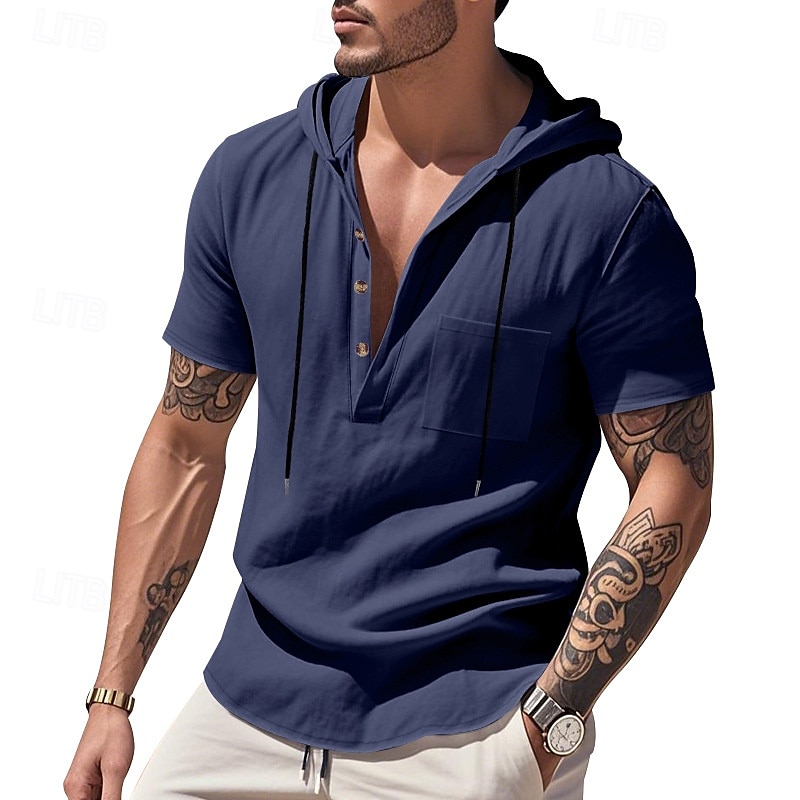 Men's Shirt Linen Shirt Popover Shirt Casual Shirt Cotton Shirt Plain Vacation Street Black White Navy Blue Brown Short Sleeve Hooded Summer Clothing Apparel Lace up 2025 - $22.99 –P11