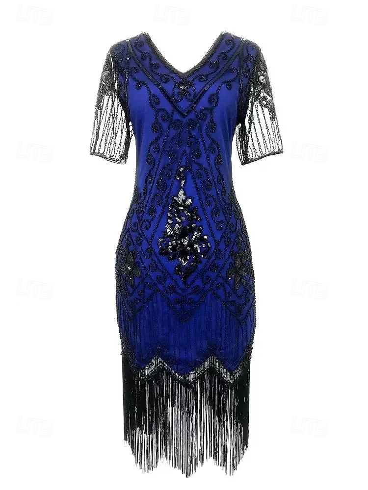 Anni Ruggenti Anni 1920 Lunghezza al ginocchio Vestito Abito Flapper Abito da Ballo Maniche corte Il grande Gatsby Charleston Invitato al matrimonio Paillettes Frangia con nappe Scollo a V Costume del 2026 a $34.99 –P4