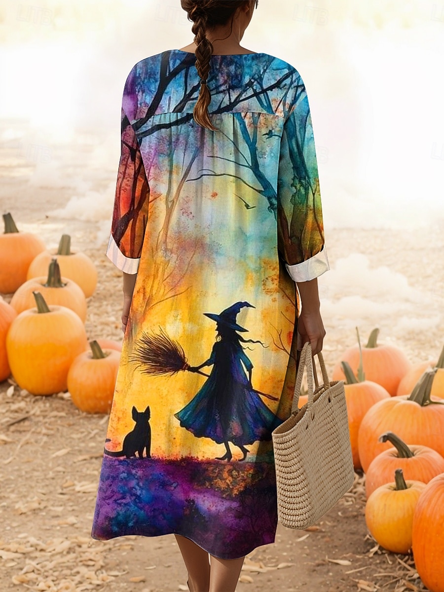 Halloween Damen Midi Kleid V-Ausschnitt Lange Ärmel Kaftan Leicht Lockerer Schnitt A-Linien Kleid Lässig Ausgehen Grafisch Lange Ärmel V-Ausschnitt Gelb Orange Grün Regenbogen Herbst 2025 - $33.99 –P2