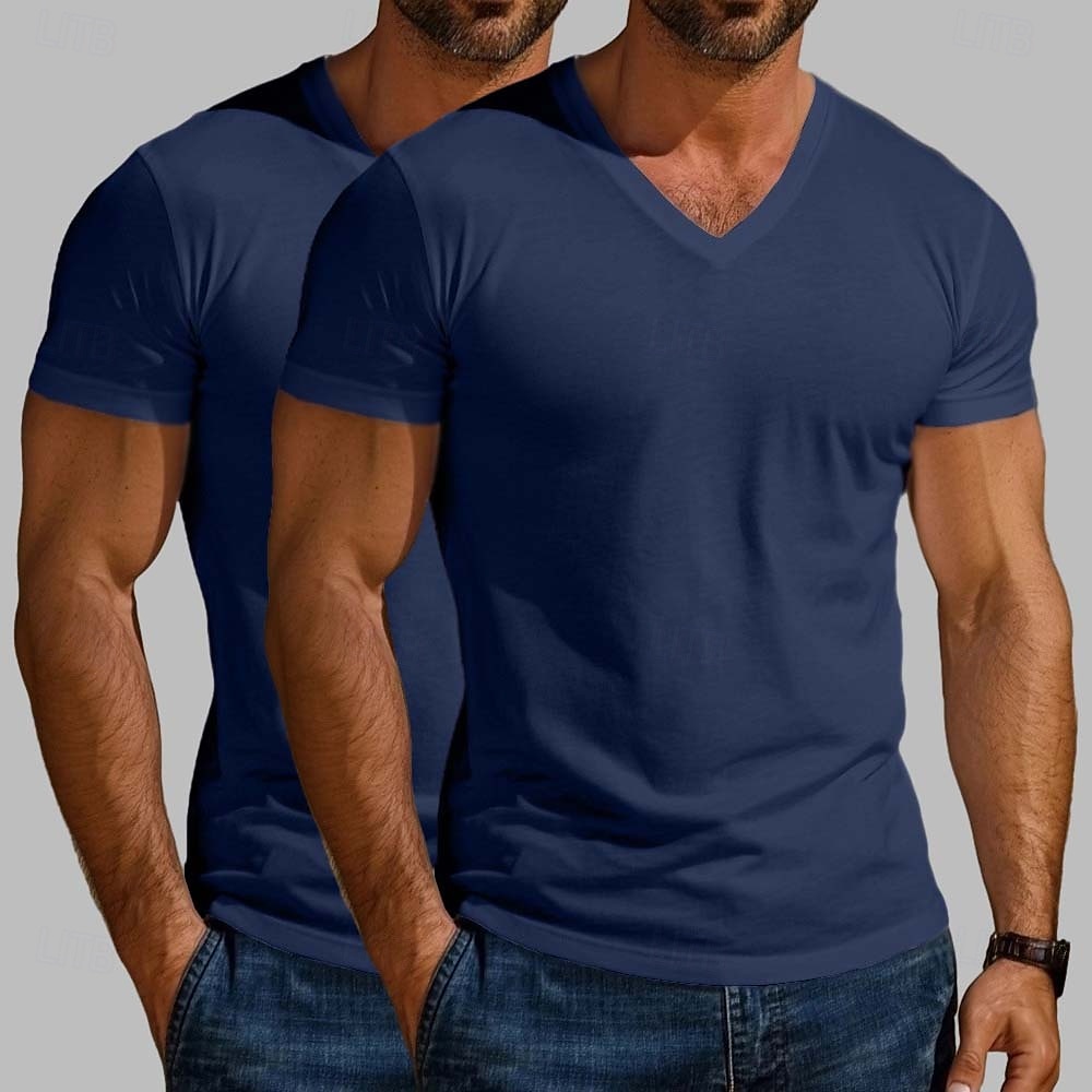 Maglietta da uomo in misto cotone, 2 pezzi, manica corta, scollo a V, estiva, per tutte le stagioni, tinta unita, semplice, stile designer, moderno, contemporaneo, scollo a V, confezione multipla, per vacanze, strada, casual, blu scuro, bianco e blu. del 2026 a $20.99 –P12