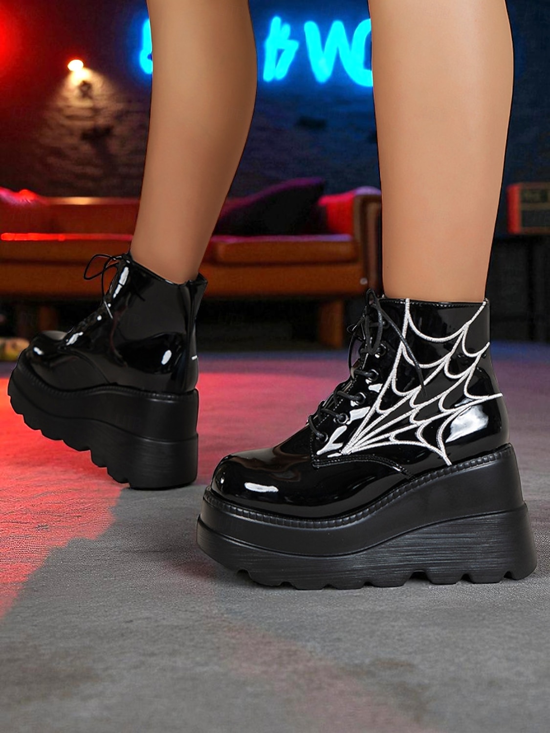 Women's Black Platform Boots with Spider Web Design - Chunky Lace-Up Ankle Boots for Halloween, Cosplay, and Masquerade Balls, Punk and Gothic Style, Comfortable for All-Day Wear 2025 - $34.99 –P5