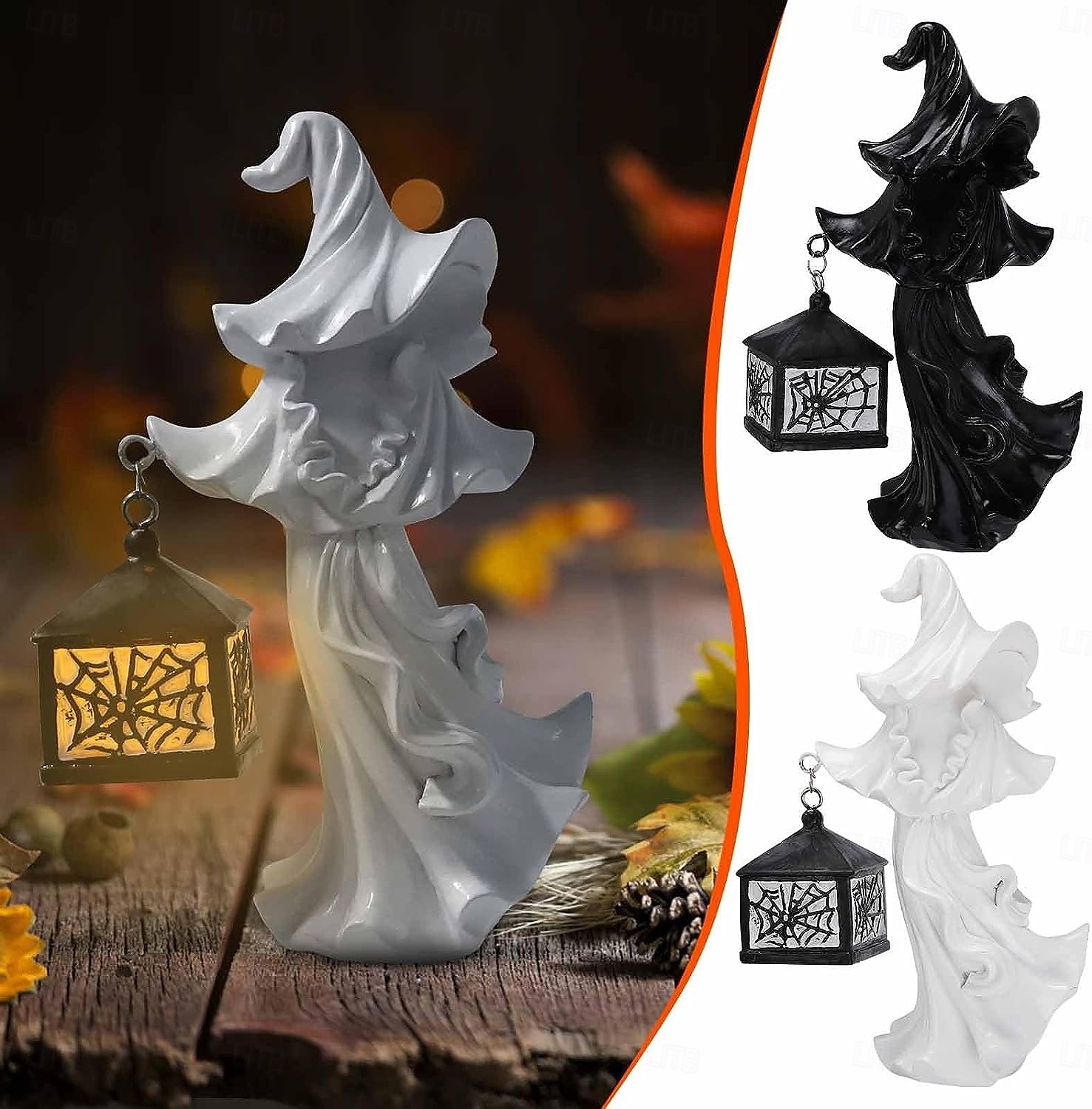 cracker vat heks halloween decoratie geest met lantaarn gezichtsloze geest sculptuur heks geest lamp hel boodschapper holding lantaarn standbeeld realistisch halloween thema rekwisieten 2025 - $15.99 –P1