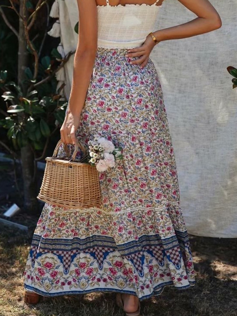 Mujer Falda Línea A Bohemia Casual Maxi Alta cintura Faldas Floral Estampado Microelástico Calle Diario Rojo Albaricoque Verano Poliéster Rayón 2025 - $28.99 –P9