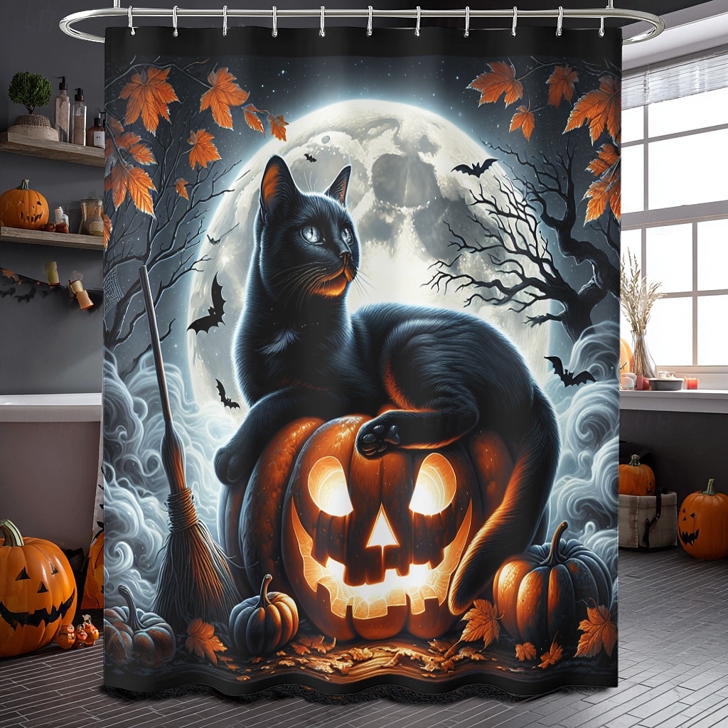 Halloweenský sprchový závěs s háčky, polyesterový, pratelný, voděodolný, vzorovaný, koupelnová vana, dekorace 2025 - $21.99 –P22