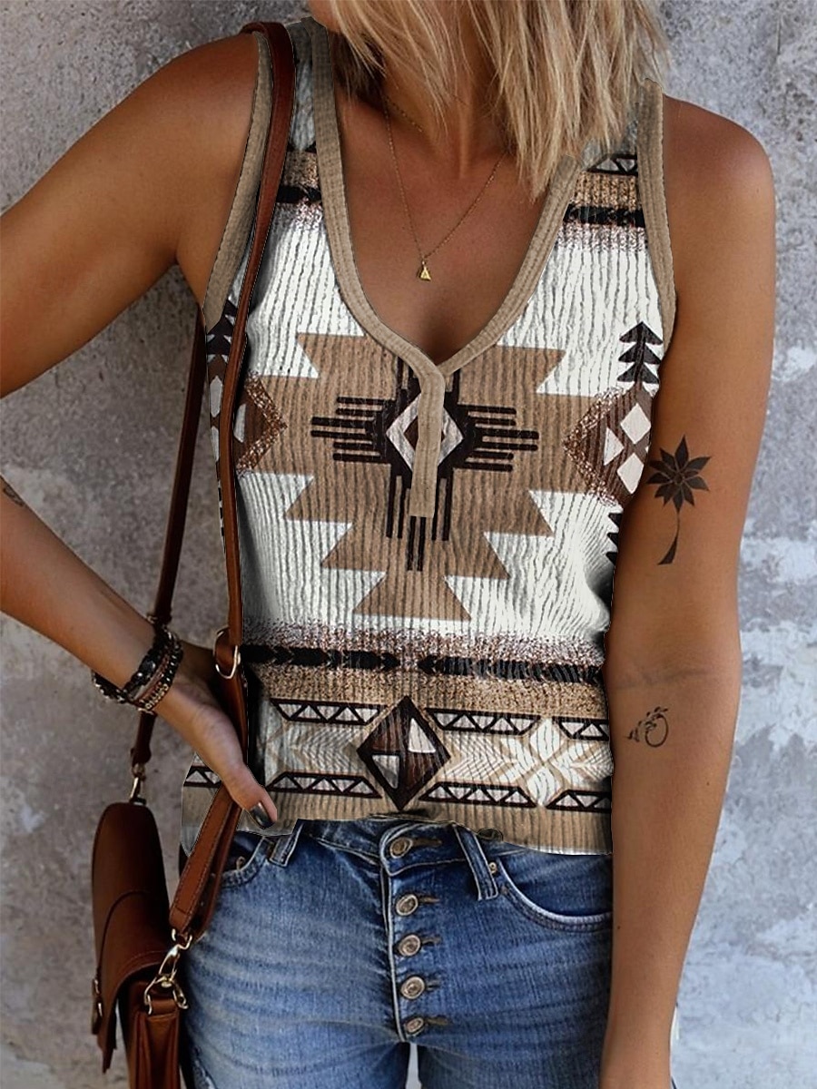 Dame Camisole Tank Top Grafisk Geometrisk Årgang Stilfull Etnisk Ermeløs V-hals Vanlige topper Daglig Trykt mønster Salvie Grøn Lysebrun Oransje Grønn Kakifarget Sommer Vår 2025 - $17.99 –P4