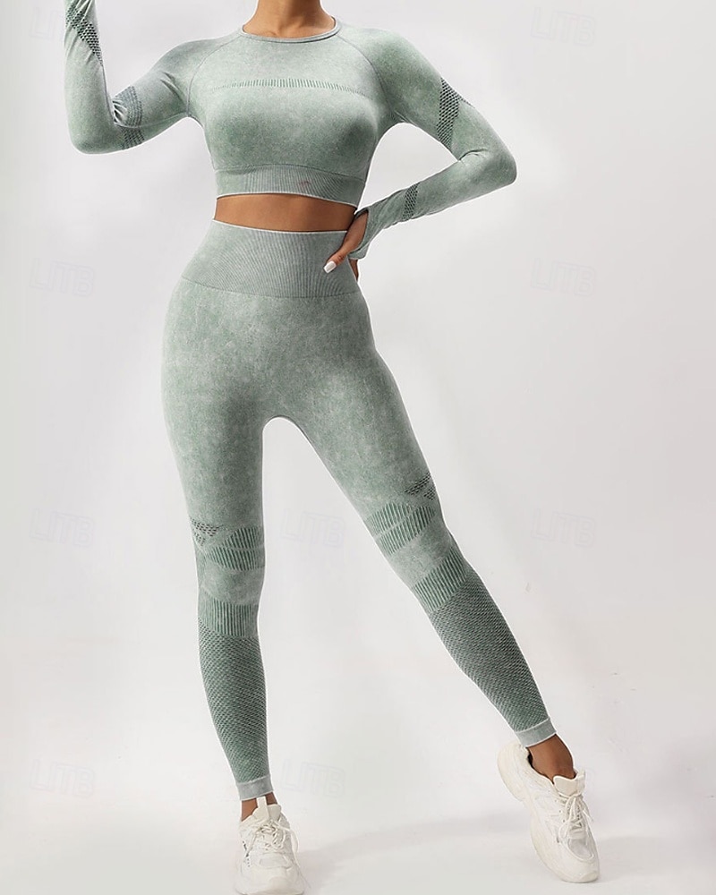 Damen 2 Stück Yoga-Trainingsanzug Lounge-Outfits  Herbst Einfarbig Kombination Armeegrün Schwarz Fitnesstraining Hohe Taille Elastisch Atmungsaktiv Langarm Sport Sportkleidung Schlank 2025 - $37.99 –P14