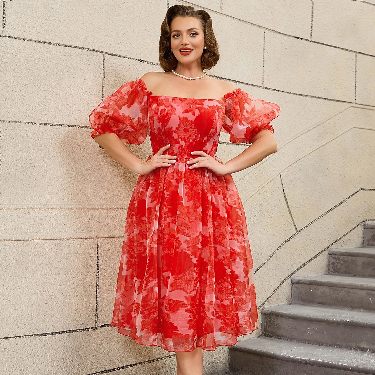 plus size vintage fit and flare dress Plus Size - Midi Poplin Fit & Flare Dress