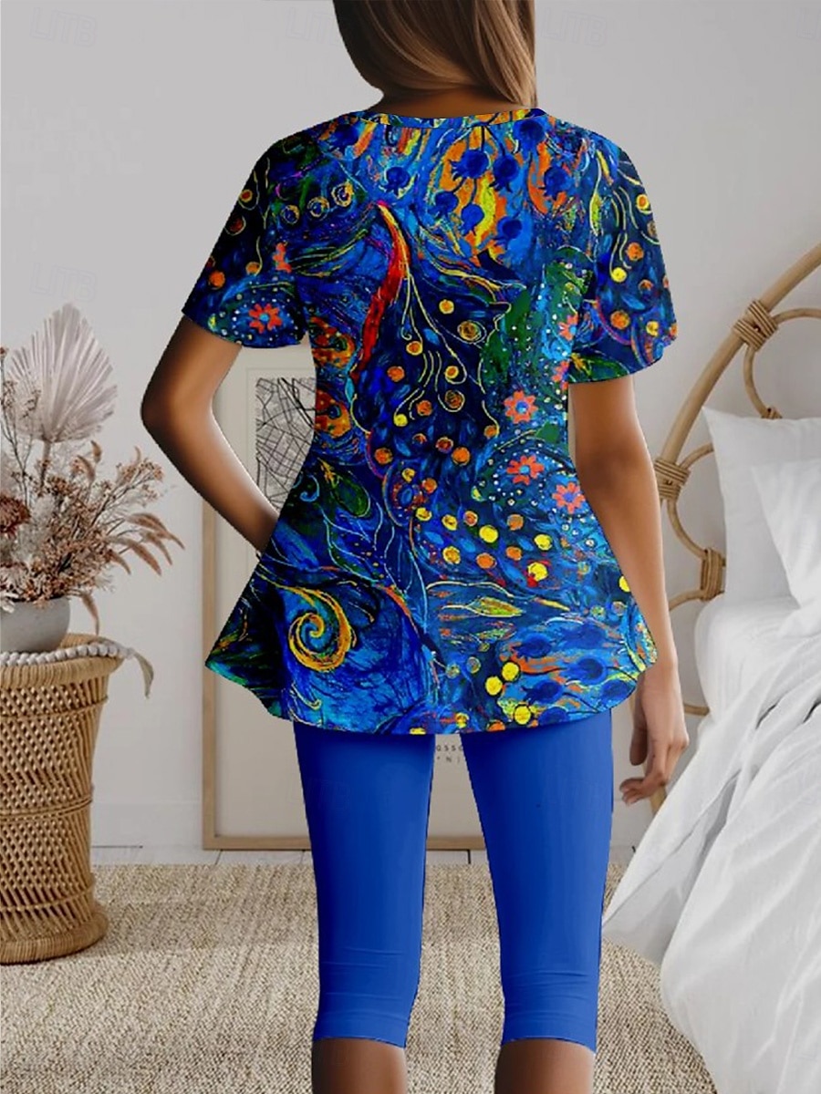 Femmes Mode T-shirt Ensembles de Shorts Manche Courte Col en V Fleuri Graphique Géométrique Imprimé Décontracté Quotidien Noir Bleu Roi Bleu Été Coupe régulière de 2025 ? $29.99 –P2