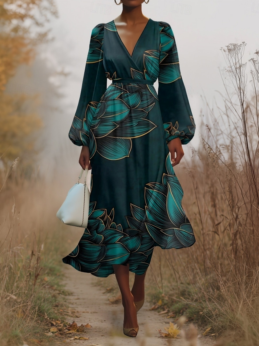 Pentru femei Rochii Midi Rochie casual Șifon Rochie leagăn Modern Vacanță Zilnic Sfârșit de săptămână Fit regulat Floral Frunză Manșon Lung În V Bleumarin Verde Închis Trifoi Albastru Închis Var 2025 - $31.99 –P9