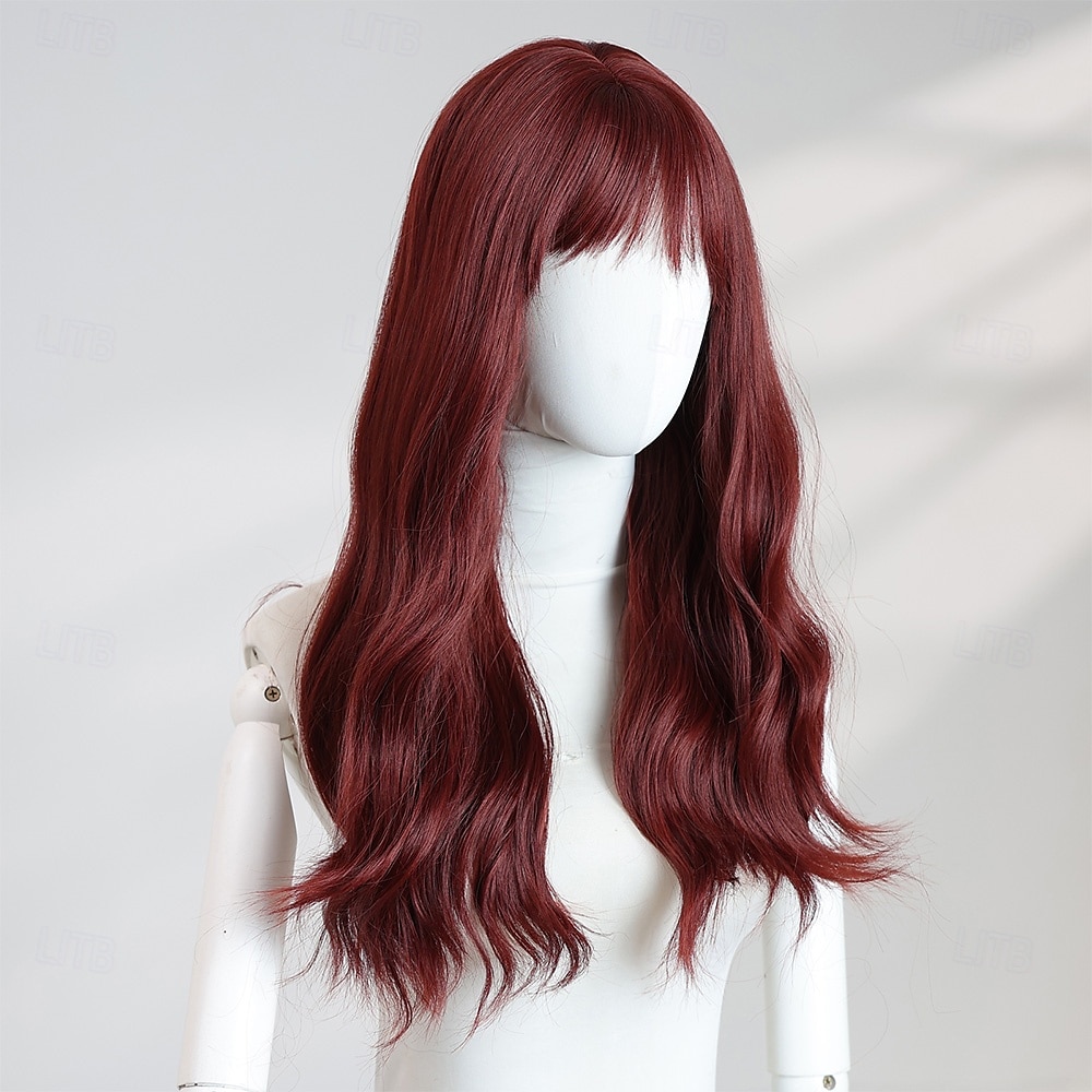 Peluca ondulada color burdeos de 20 pulgadas para mujer: flequillo completo, cabello largo, ideal para Halloween, cosplay y estilos de moda actuales. 2025 - $32.99 –P5